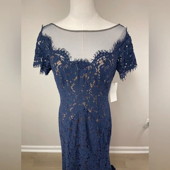 NWT Rene Ruiz Illusion Lace Floral Gown Navy Blue Size 6 - Picture 7 of 16